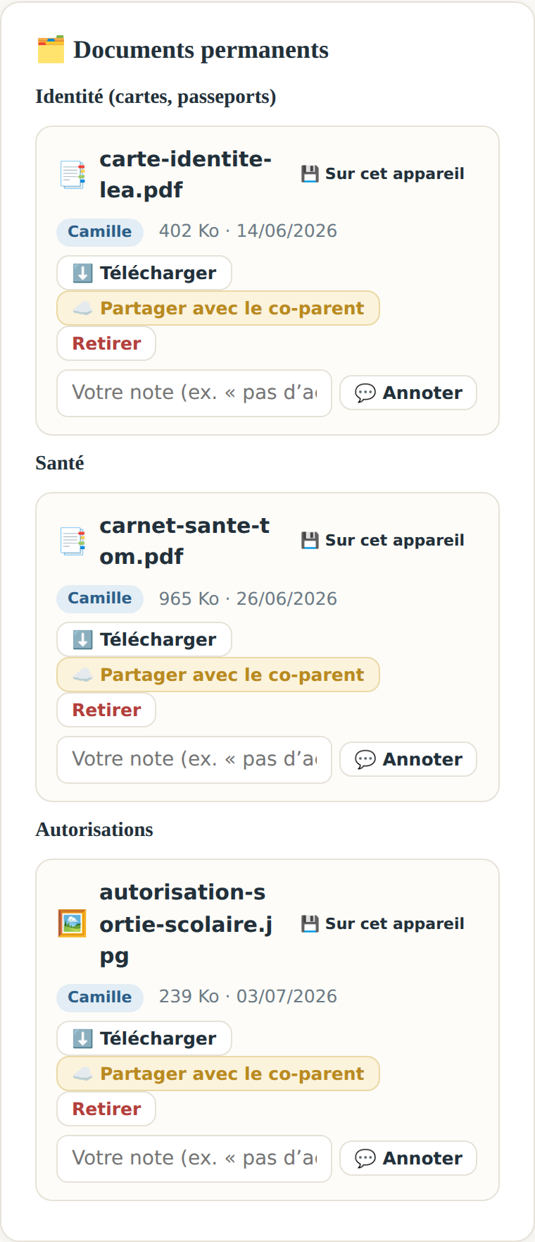 Les documents des enfants classés par dossiers